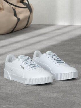 PUMA Women’s Carina Leather Sneakers | Classic Low Top Casual White Trainers
